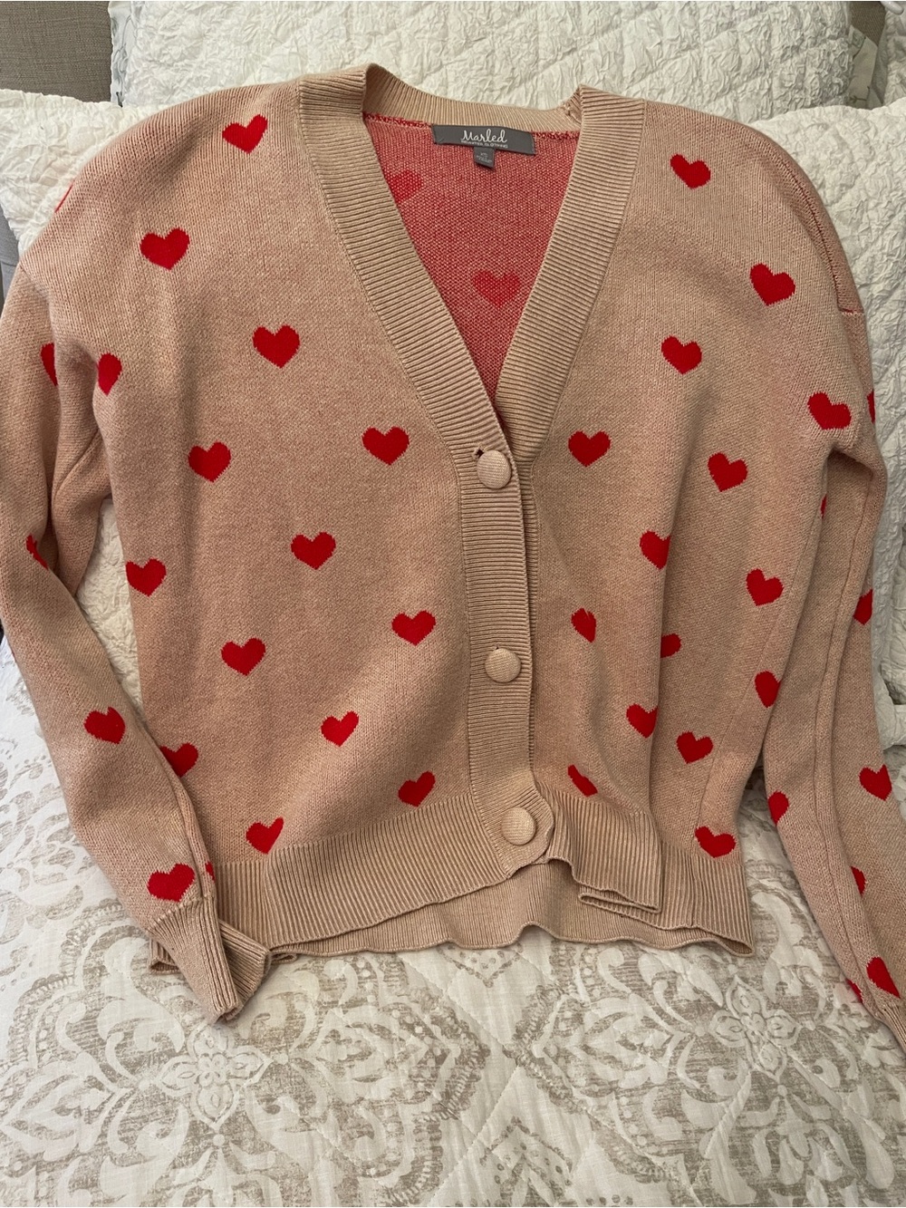 Marled Pink Cardigan with Red Heart Pattern